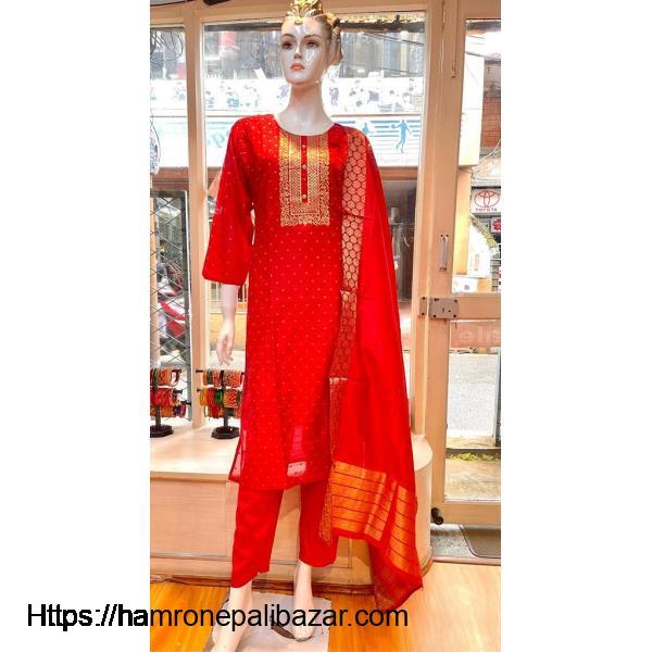 Red Coloured Silk Kurtha Set
