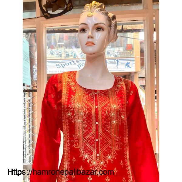 Banarasi Designed Silk Red Kurtha Set