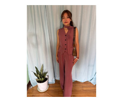 Waistcoat Skirt and Pant Set With Neck Belt - 7