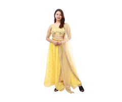 Yellow Georgette Embroidred Choli ,Lehenga With Net Shawl Set For Women