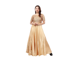 Golden Silk Full Sleeve Floral Embroidred Long Gown For Women